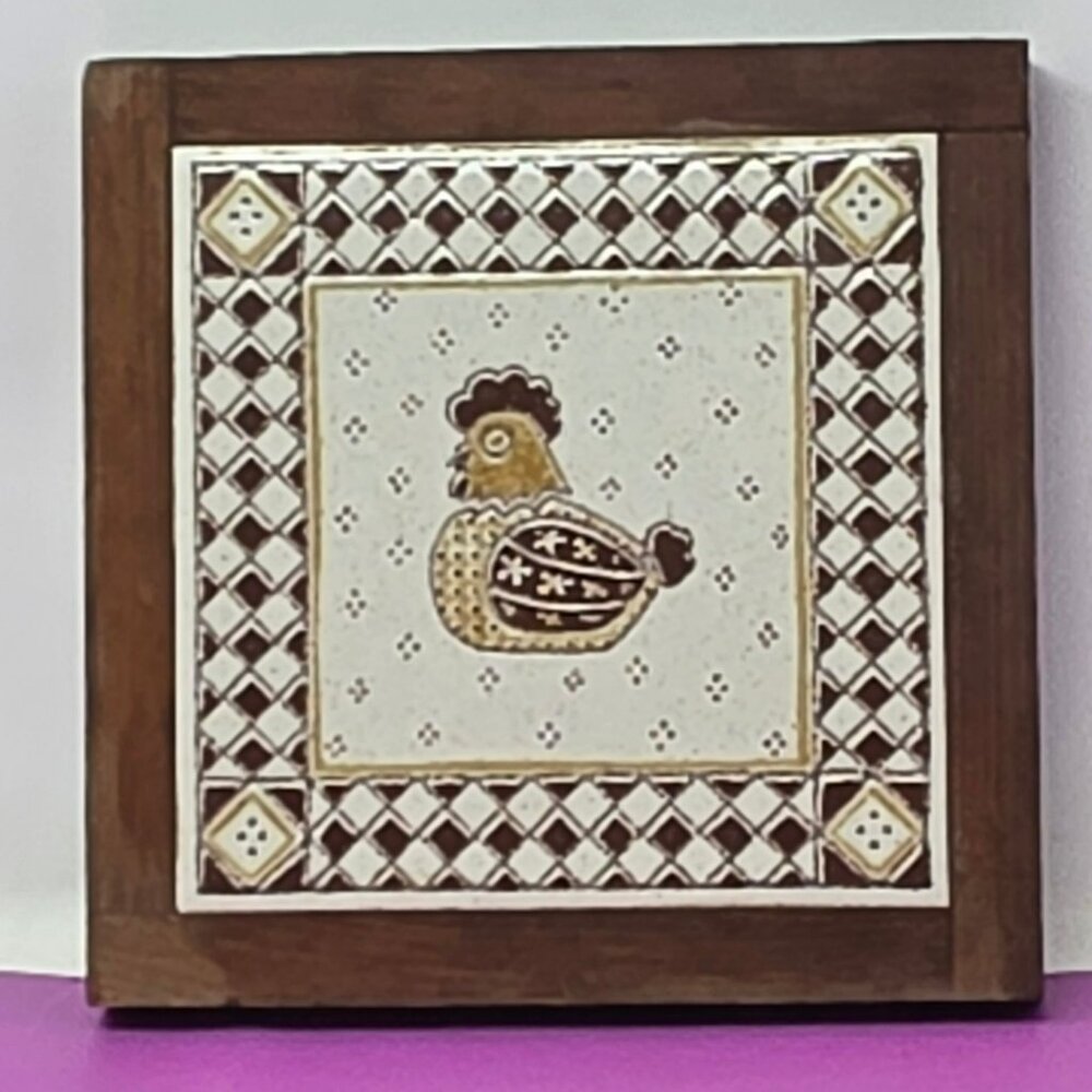 Vintage Italian Ceramic Tile Trivet Wooden Frame Brown Chicken Design Made Italy